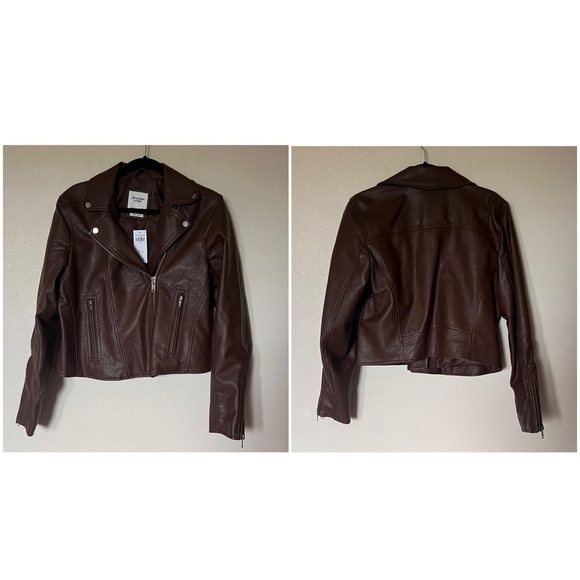 NWT Abercrombie & Fitch Vegan Leather Biker Moto Jacket Chocolate Brown Large - Picture 4 of 17